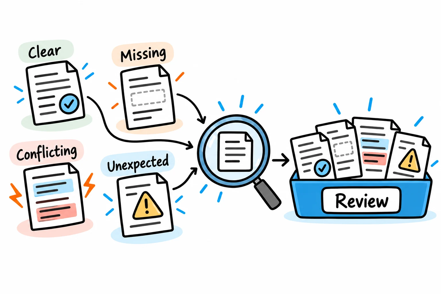 Clear, missing, conflicting and unexpected document inputs sit beside a magnifier and review tray.