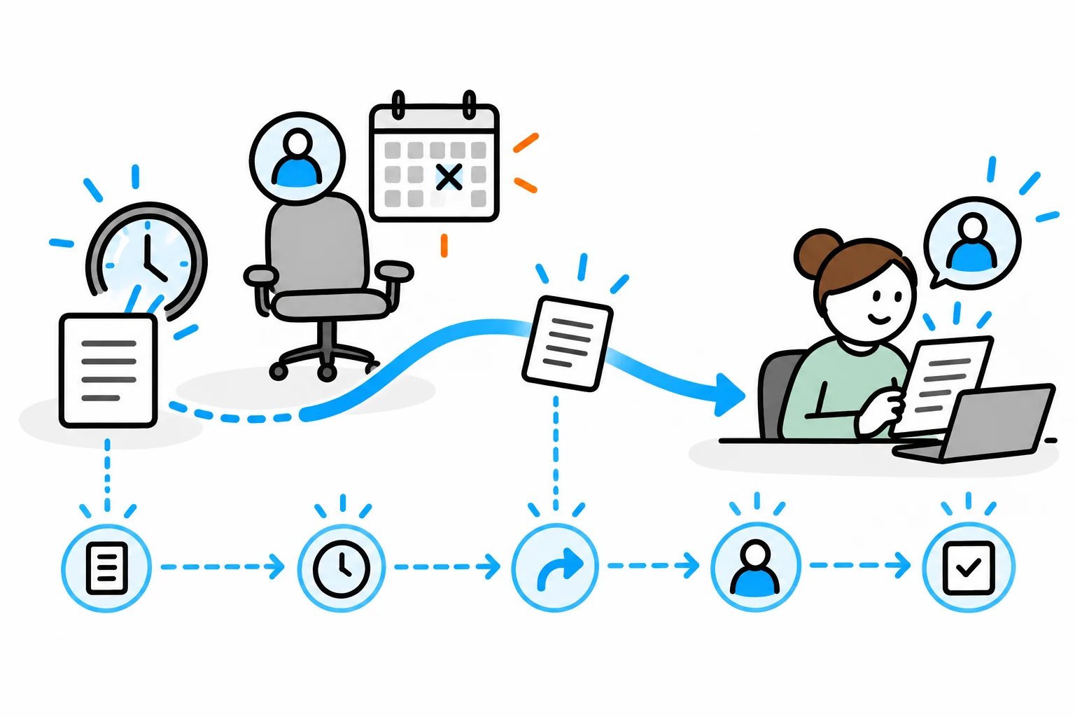 A waiting request is routed from an absent reviewer to an authorised backup while its history stays visible.