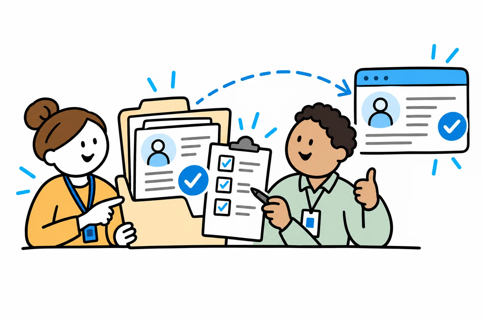 An onboarding coordinator and delivery owner jointly check a customer folder and confirm the matching application record.