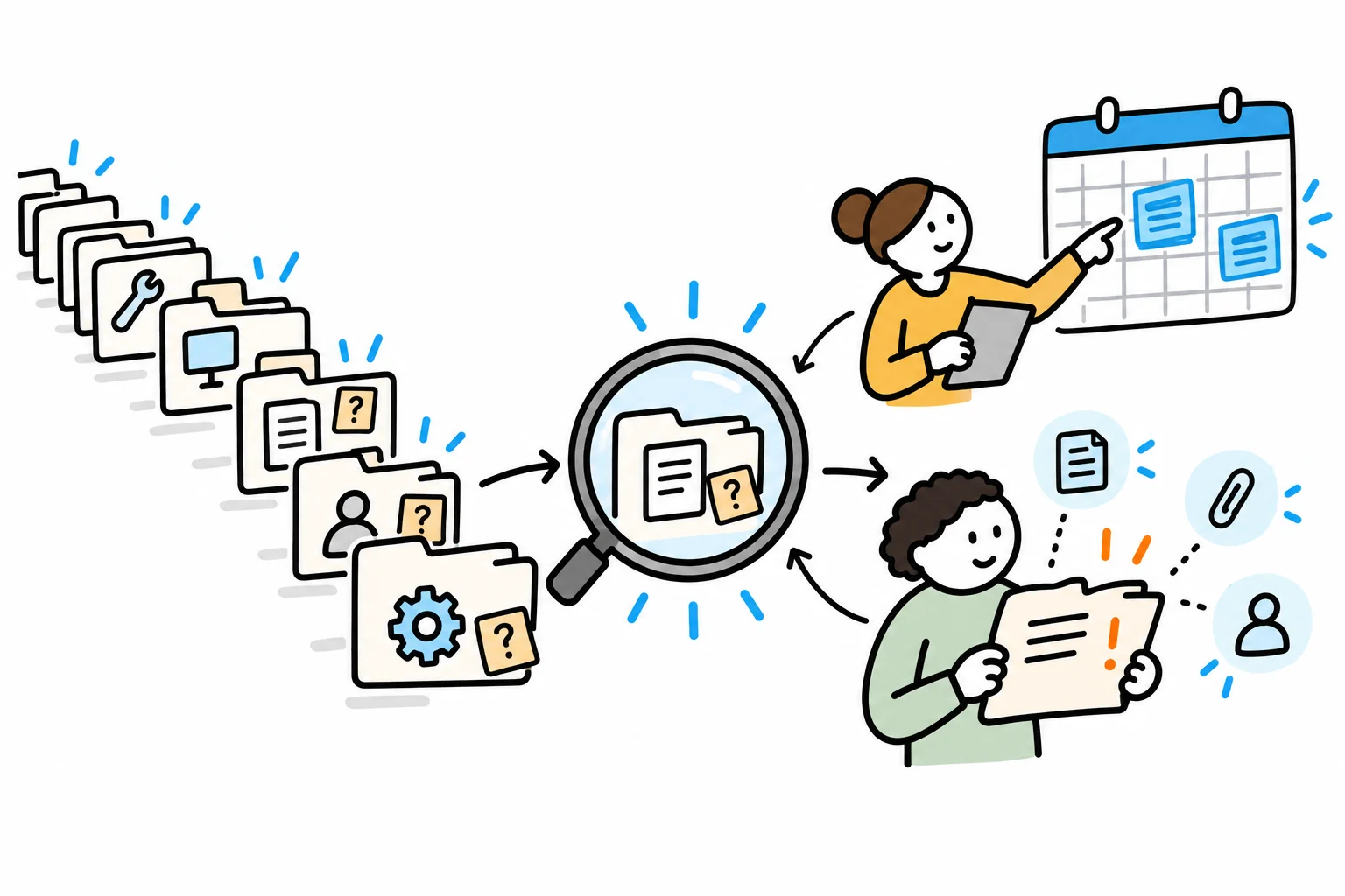 Colleagues investigate a queue by checking review schedules and the completeness of incoming requests.