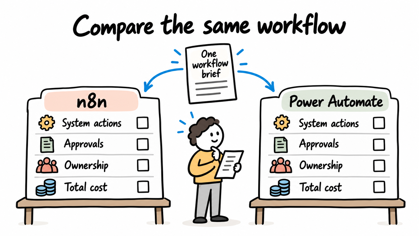 n8n and Power Automate are evaluated against the same workflow, system actions, approvals, ownership and cost assumptions.