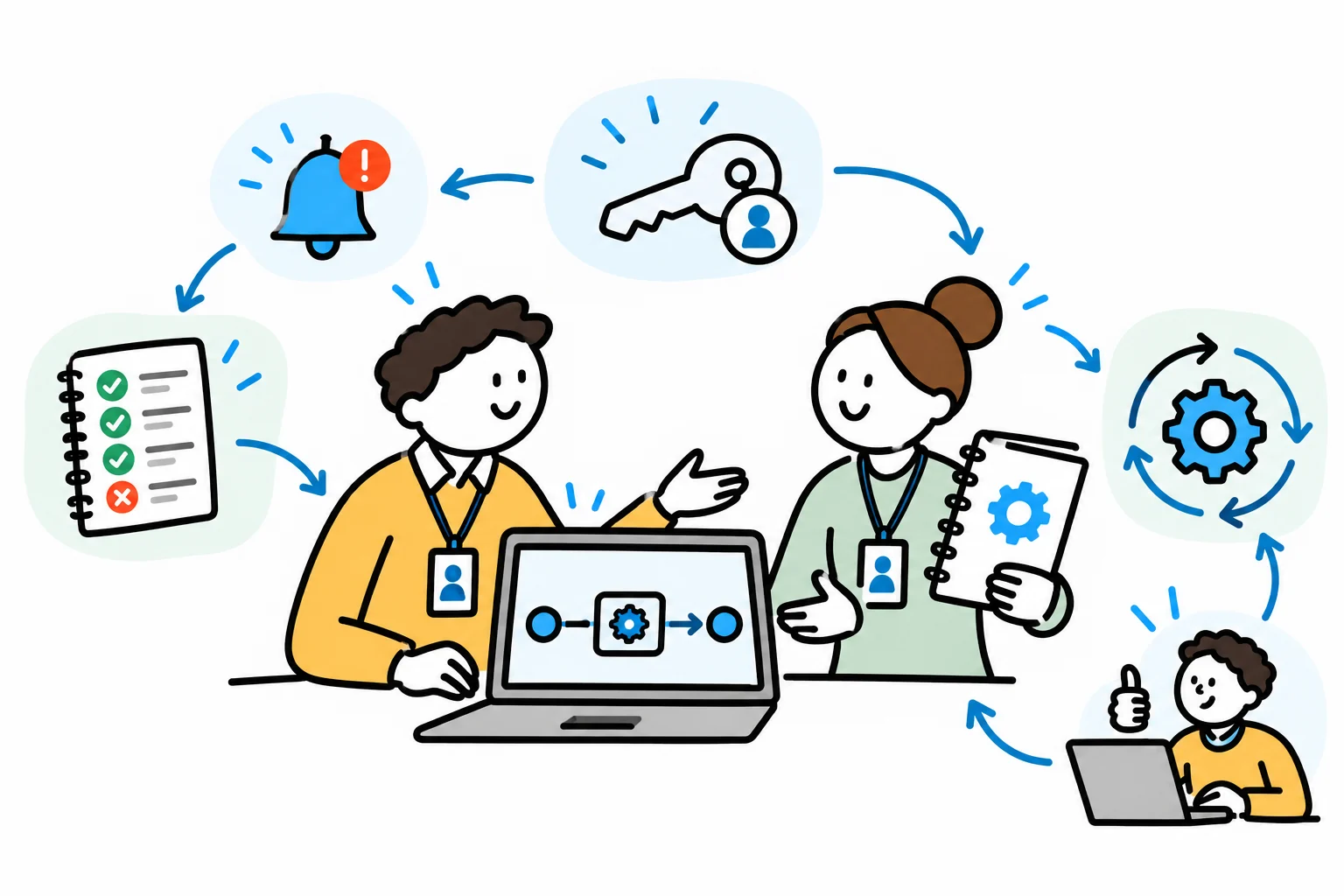 Business and technical colleagues agree workflow ownership using an error notification, execution history, access key and operating guide.