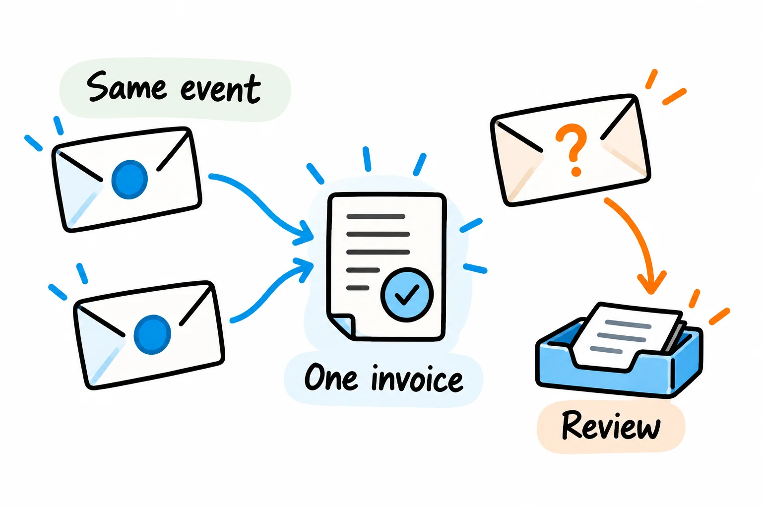 Repeated matching events lead to one invoice, while an uncertain event goes to a review tray.