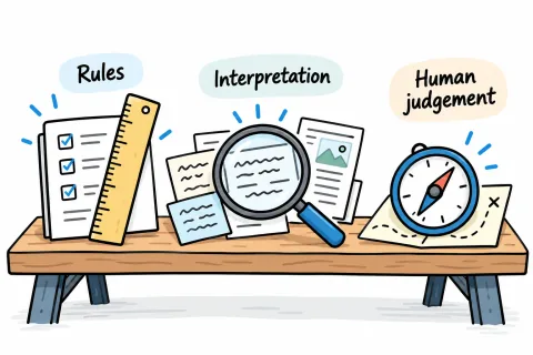 A ruler, magnifying glass and compass illustrate rules, interpretation and human judgement as different tools.