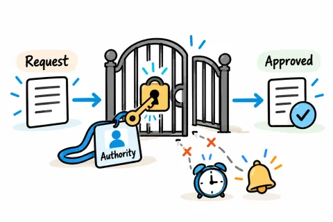 A request can pass an approval gate with the right authority key; a clock and reminder bell remain outside.