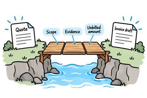 A bridge from an accepted quote to an invoice draft is supported by scope, evidence and the unbilled amount.