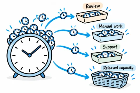 A pool of time is divided into review, manual work, support and capacity released for other work.