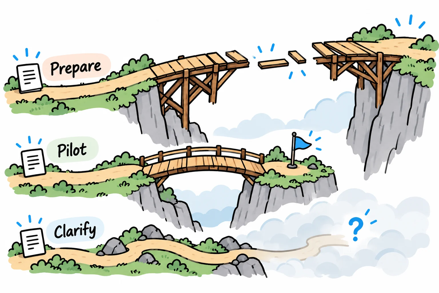 Three routes show an unfinished bridge, a ready pilot bridge and a route with unclear conditions.