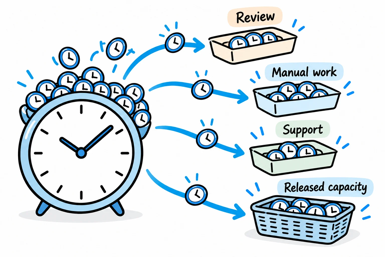 A pool of time is divided into review, manual work, support and capacity released for other work.