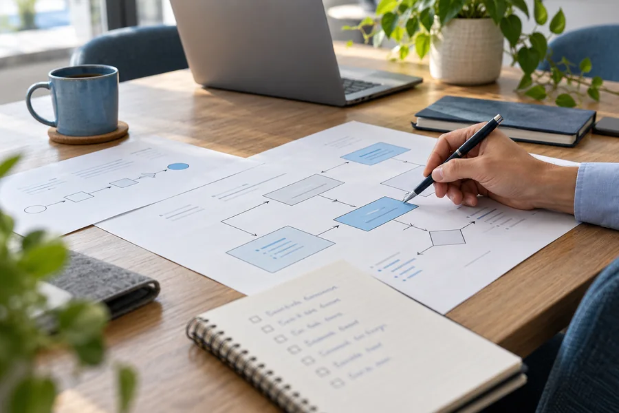 A process review workspace with a printed workflow, practical checklist and laptop.