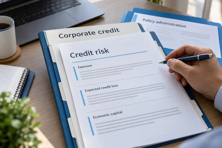 Corporate credit and credit-risk working papers beside an insurance policy administration folder.