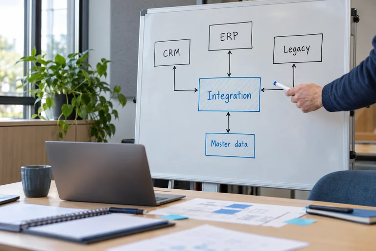 A system integration design connects CRM, ERP and legacy applications with shared master data.