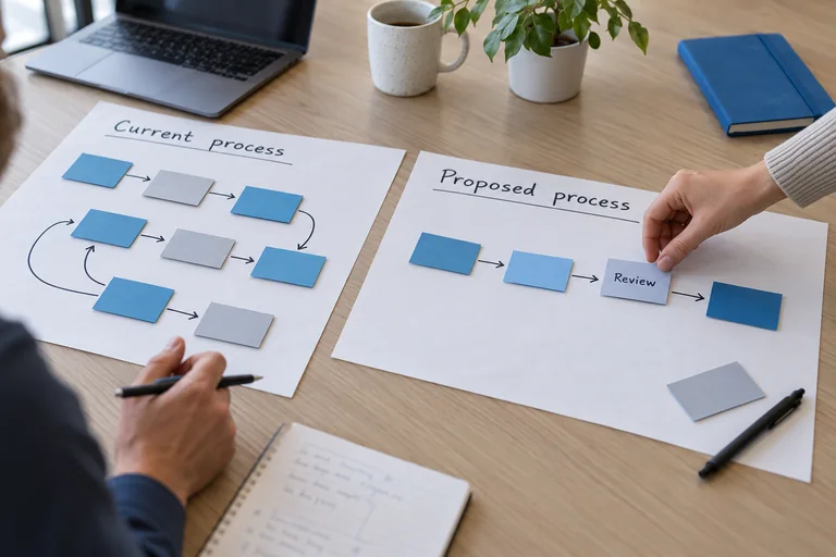 A workshop compares the current process with a proposed simpler route while retaining a review step.